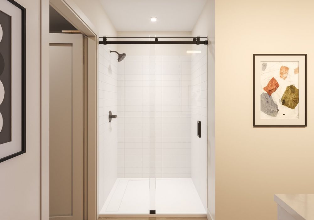 LOCAL Nashville apartments bathroom rendering with bright modern shower with white tile and glass door