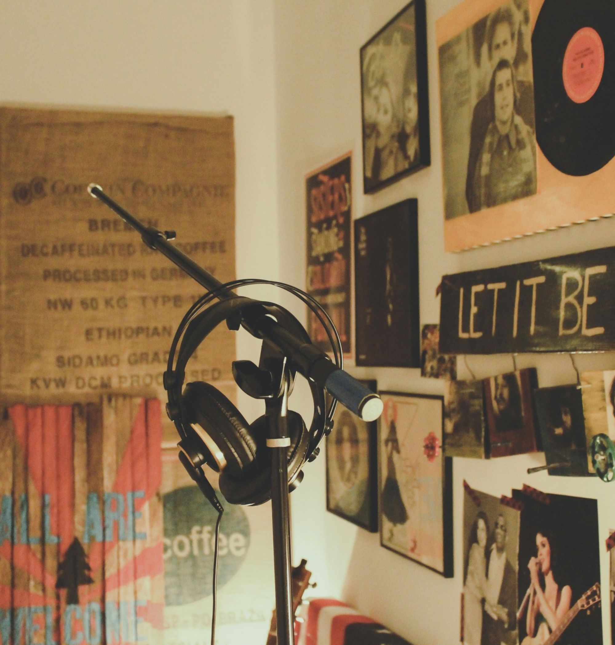 Interior of a recording studio with a mic stand and headphones in Nashville, TN