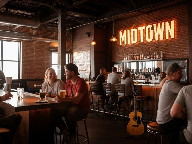 People sitting at a bar with drinks; a neon "MIDTOWN" sign glows on the wall in a cozy, rustic setting.