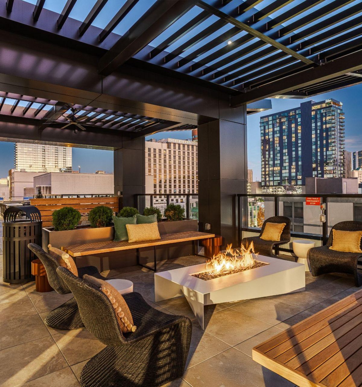 Rooftop terrace with lounge seating and a rectangular fire pit, overlooking a city skyline.