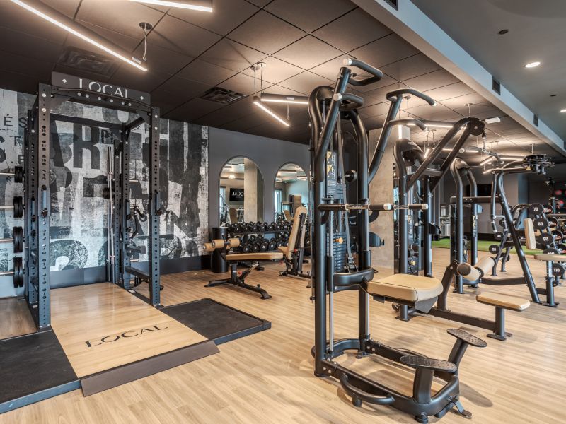Modern gym interior with various weight machines, benches, and fitness equipment on a wood floor.