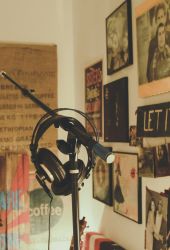 Interior of a recording studio with a mic stand and headphones in Nashville, TN