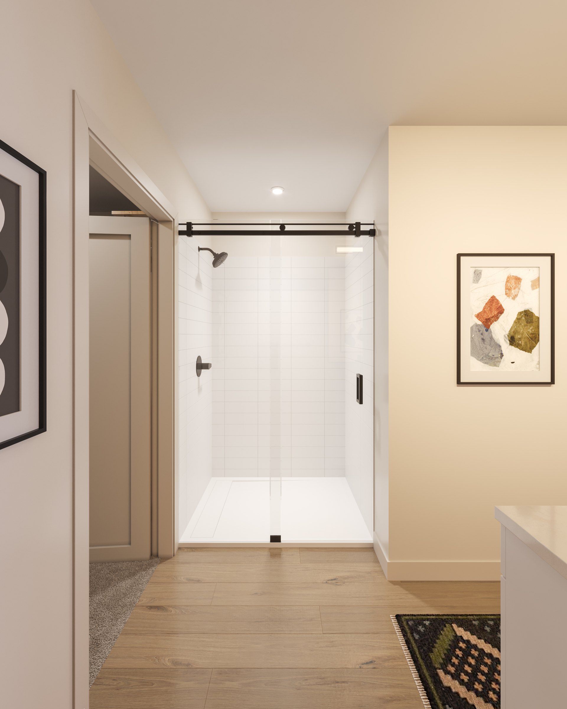 LOCAL Nashville apartments bathroom rendering with bright modern shower with white tile and glass door