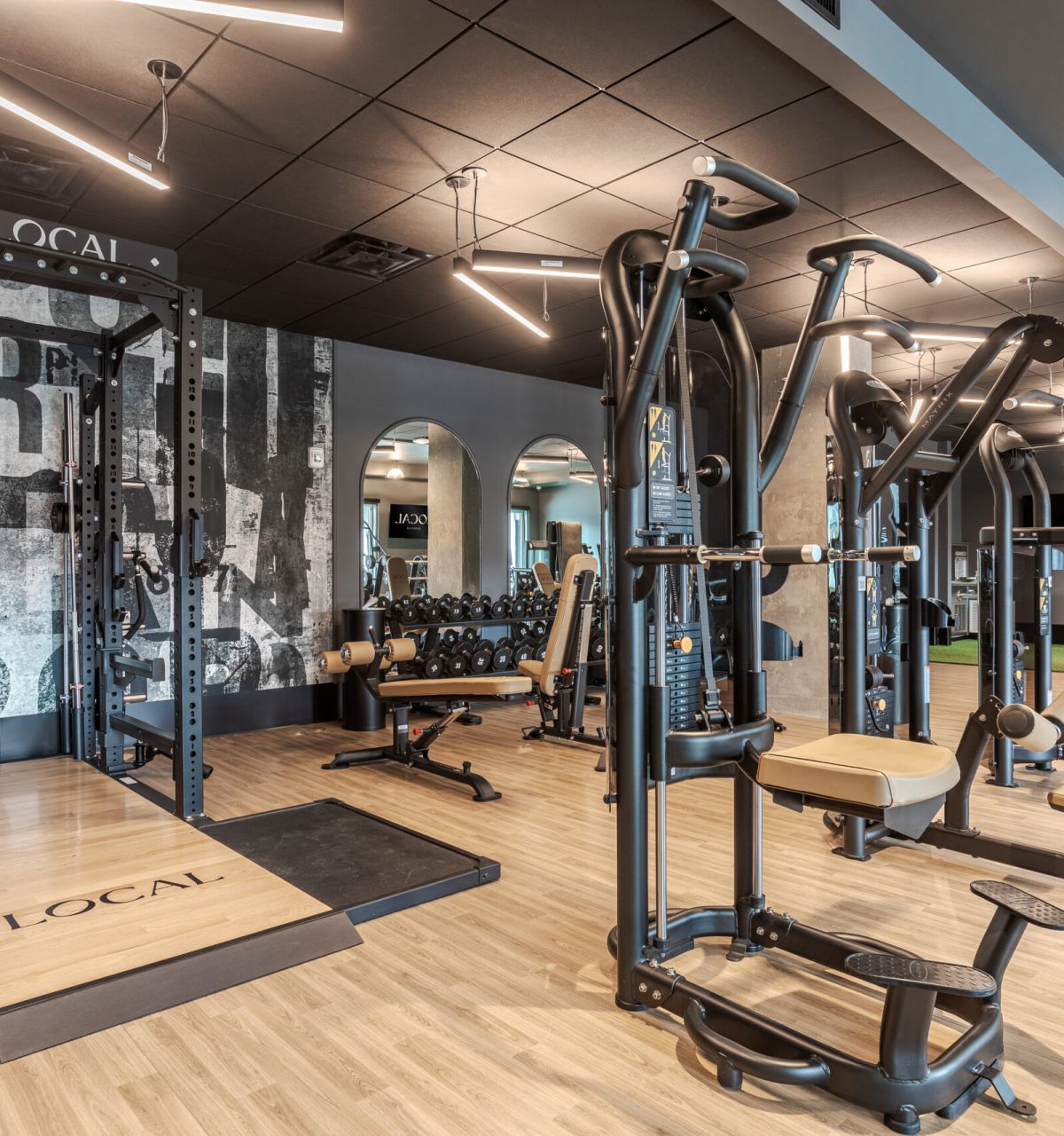 Modern gym interior with various weight machines, benches, and fitness equipment on a wood floor.